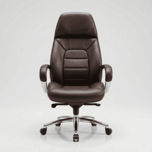 Premium coffee brown boss chair set up behind a wooden desk in a modern home office.