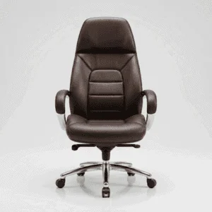 Premium coffee brown boss chair set up behind a wooden desk in a modern home office.