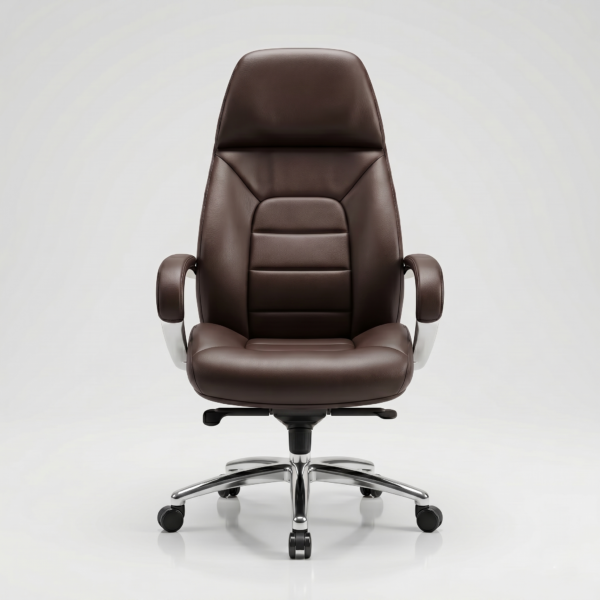 Premium coffee brown boss chair set up behind a wooden desk in a modern home office.
