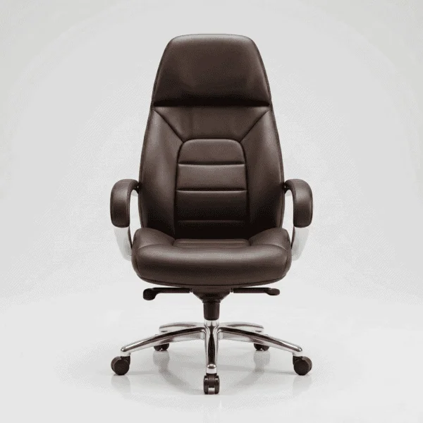Premium coffee brown boss chair set up behind a wooden desk in a modern home office.
