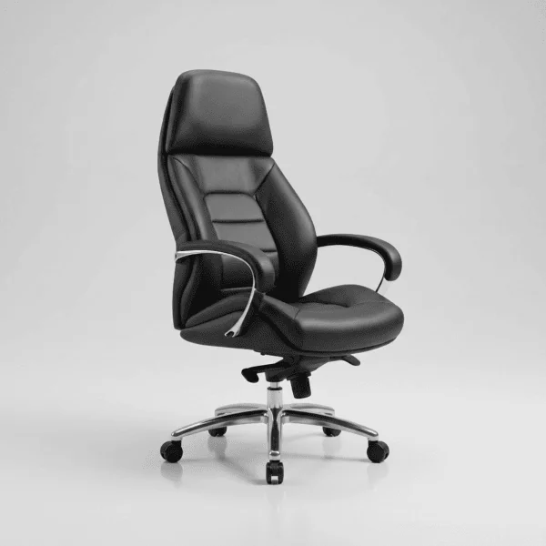 High-back black leather executive office chair with adjustable height and ergonomic design.