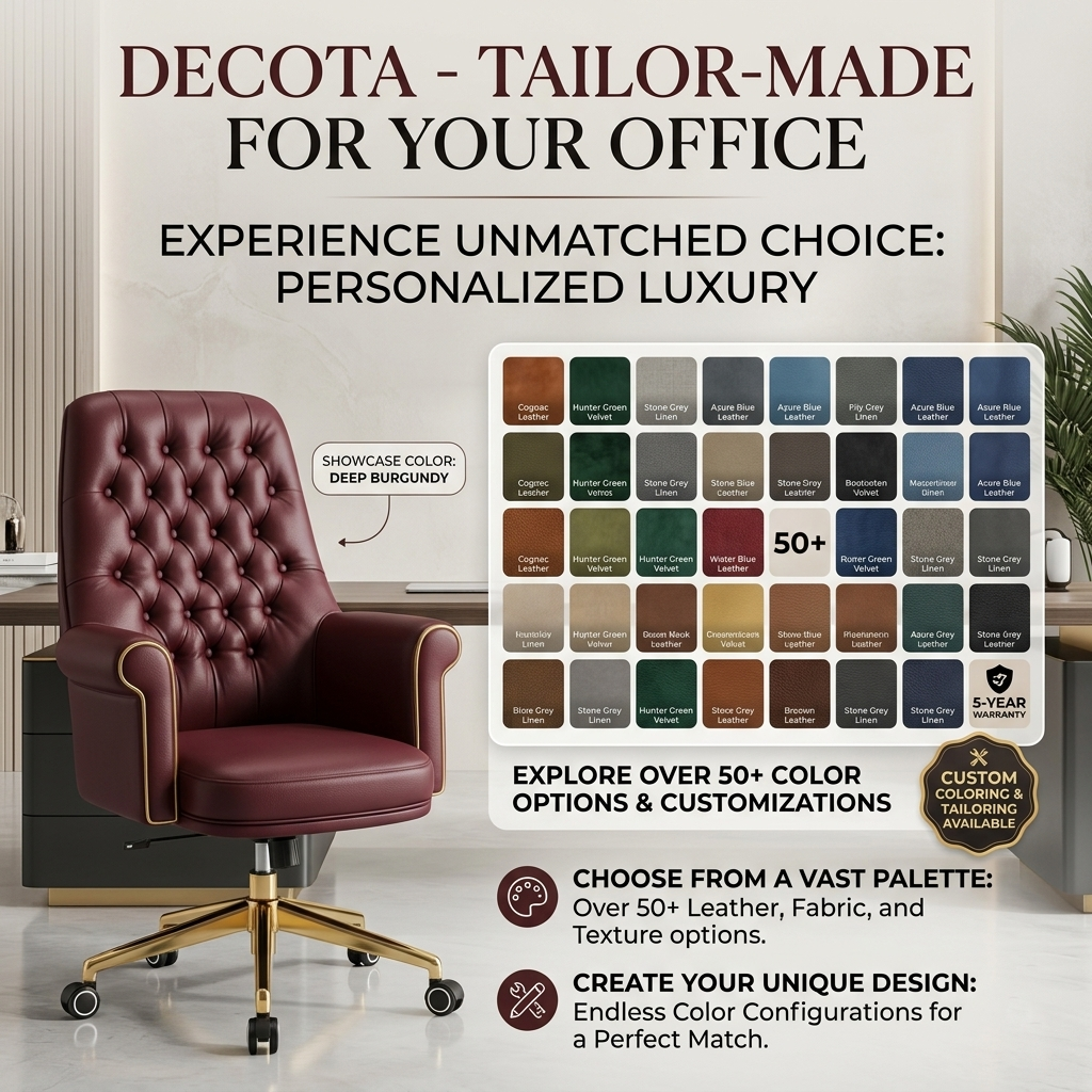DECOTA High Back Luxury Executive Office Chair | Tufted Leather Desk Chair with High-Density Foam | Custom Colors & 5-Year Warranty 9 Black leather executive office chair with tufted backrest and gold accents, on a swivel base with wh.