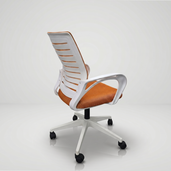 Boom Mid-Back Ergonomic Office Chair | Breathable Fabric Desk Chair with Fixed Armrests & Sturdy Star Base | Fully Customizable | (Orange Mesh & White Frame) 3-Year Warranty 7 Side profile of Boom mid-back chair showing the ergonomic curvature of the orange mesh backrest and integrated white sculpted armrests.