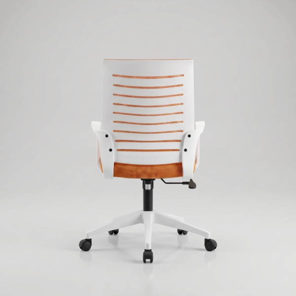 Boom Mid-Back Ergonomic Office Chair | Breathable Fabric Desk Chair with Fixed Armrests & Sturdy Star Base | Fully Customizable | (Orange Mesh & White Frame) 3-Year Warranty 8 Close-up of the Boom chair’s sturdy white nylon five-star base, heavy-duty black gas lift cylinder, and smooth-rolling hooded caster wheels.