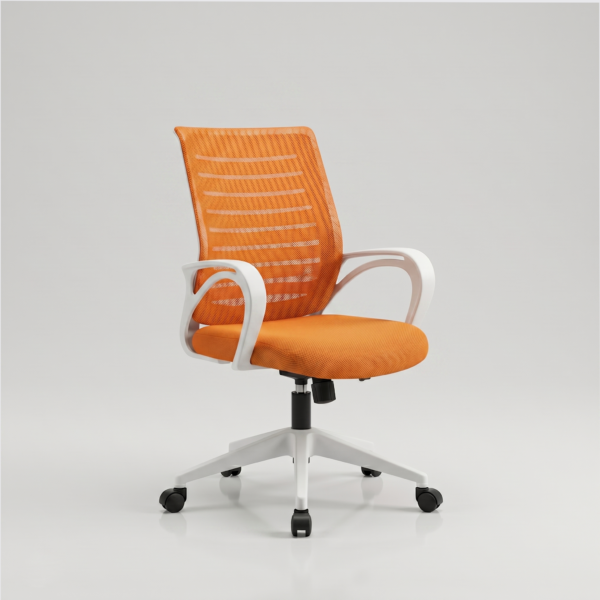 Boom Mid-Back Ergonomic Office Chair | Breathable Fabric Desk Chair with Fixed Armrests & Sturdy Star Base | Fully Customizable | (Orange Mesh & White Frame) 3-Year Warranty 6 Boom mid-back ergonomic office chair featuring a vibrant orange breathable mesh backrest, matching fabric seat cushion, and a sleek white frame and star base.