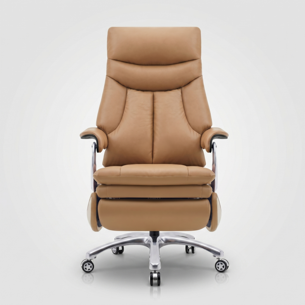 Low-angle view of the heavy-duty electroplated 5-star swivel base and silent dual-wheel casters of the Imperio motorized chair, showing zero external cords.