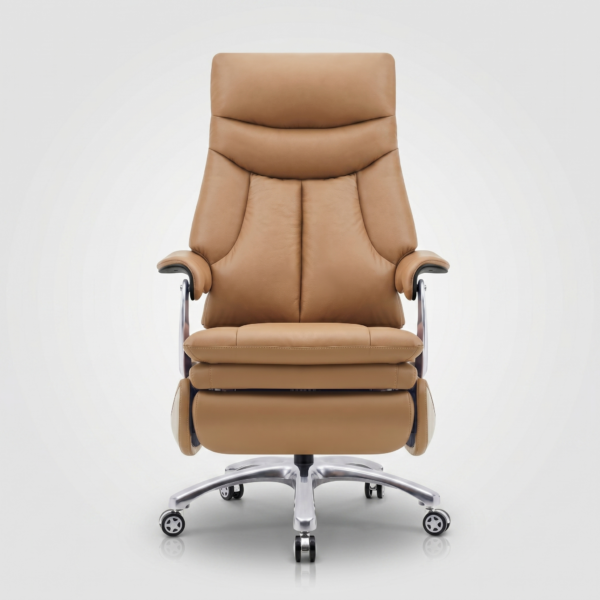 Low-angle view of the heavy-duty electroplated 5-star swivel base and silent dual-wheel casters of the Imperio motorized chair, showing zero external cords.
