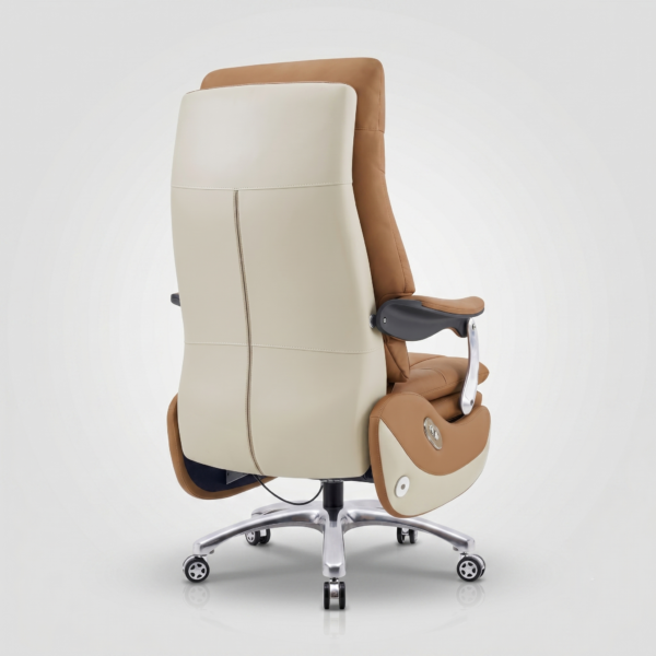 A side-by-side comparison image of the Imperio office chair, showing it at 90 degrees upright and fully reclined at 135 degrees with the padded leg rest deployed, demonstrating the single-motor chassis.