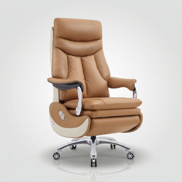 Imperio dual-tone tan and cream leather motorized reclining executive office chair with footrest extended, sitting in a luxury corner office.