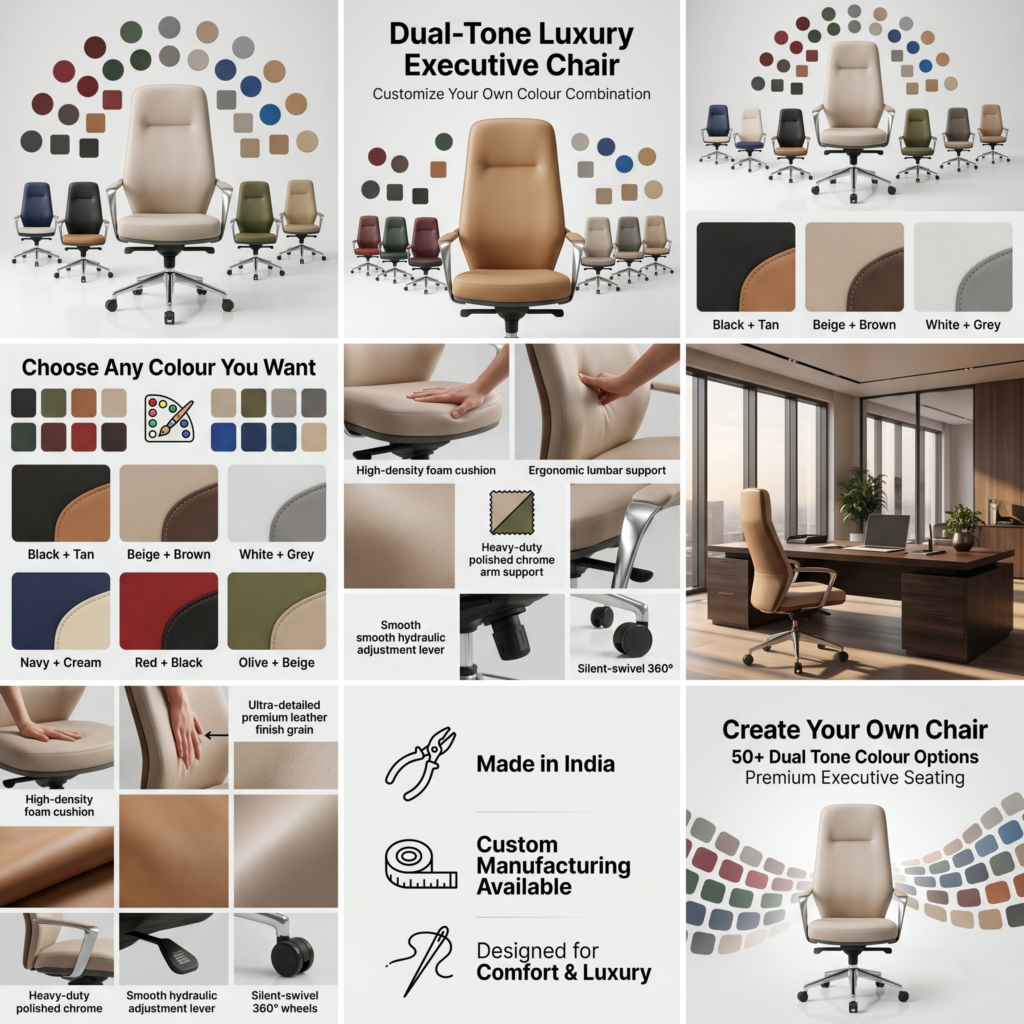 Siena Executive High-Back Office Chair | Sleek Ergonomic Design | Class 4 Hydraulic, Aluminium Base & Multi-Position Lock | 50+ Custom Colors | 5-Year Warranty (Dual-Tone Beige & Dark Gray) 13 Siena dual-tone luxury executive high-back office chair in beige surrounded by customizable color swatches and multi-color chair options.