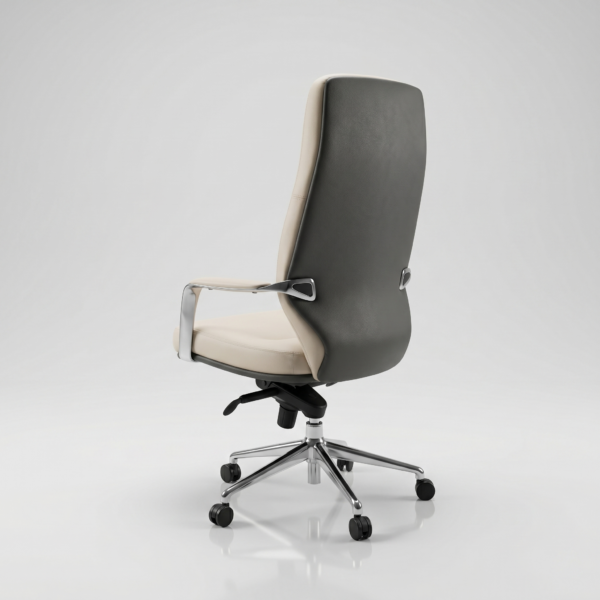 Siena Executive High-Back Office Chair | Sleek Ergonomic Design | Class 4 Hydraulic, Aluminium Base & Multi-Position Lock | 50+ Custom Colors | 5-Year Warranty (Dual-Tone Beige & Dark Gray) 12 Siena high-back executive chair placed inside a modern corporate cabin office desk setup.