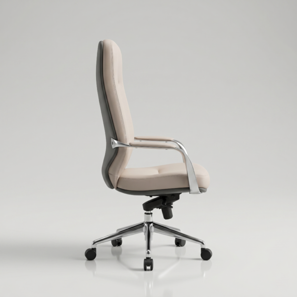 Siena Executive High-Back Office Chair | Sleek Ergonomic Design | Class 4 Hydraulic, Aluminium Base & Multi-Position Lock | 50+ Custom Colors | 5-Year Warranty (Dual-Tone Beige & Dark Gray) 9 Side view of Siena high-back office chair showing ergonomic lumbar support curve and multi-position tilt lock mechanism.