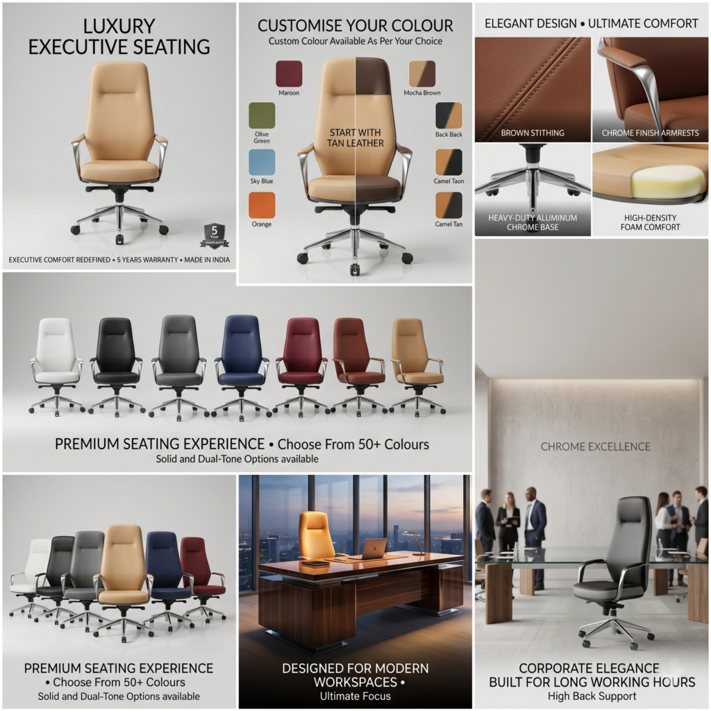 Siena Executive High-Back Office Chair | Sleek Ergonomic Design | Class 4 Hydraulic, Aluminium Base & Multi-Position Lock | 50+ Custom Colors | 5-Year Warranty (Tan Color) 11 Grid presentation of custom manufacturing color variants for the Siena high-back chair showing options like tan, black, and beige.