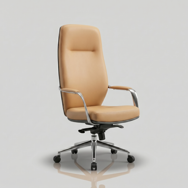 Siena Executive High-Back Office Chair | Sleek Ergonomic Design | Class 4 Hydraulic, Aluminium Base & Multi-Position Lock | 50+ Custom Colors | 5-Year Warranty (Tan Color) 7 Side view of Siena high-back office chair in tan color highlighting the built-in lumbar support curve and chrome details.