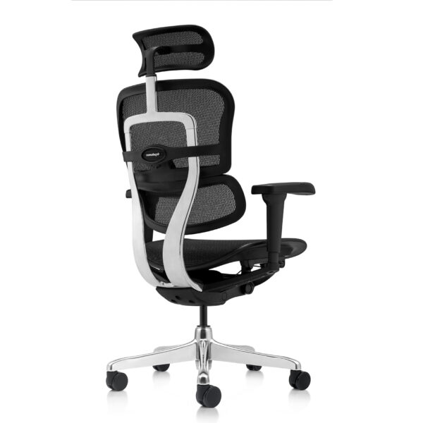 Close-up of the highly breathable premium Korean mesh fabric and fully adjustable headrest on the Ergohuman ELITE chair.
